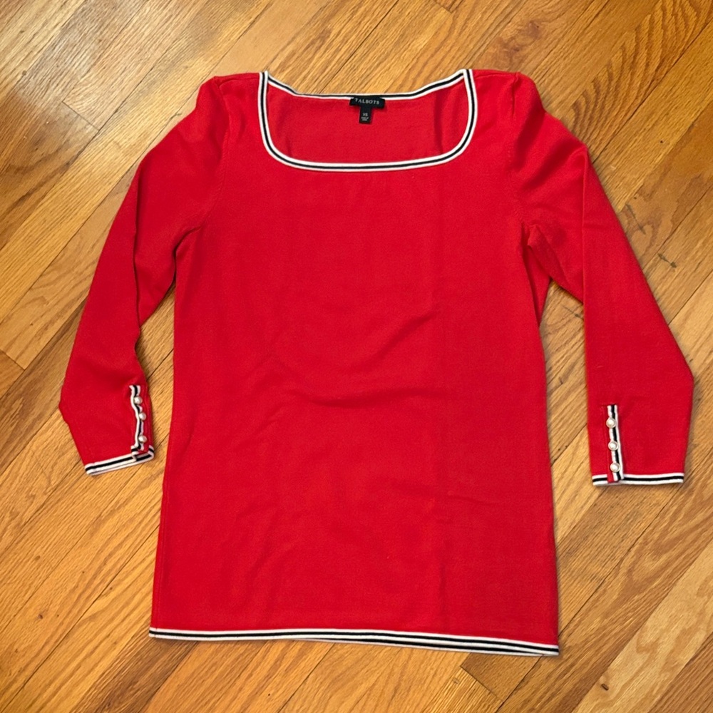 Classic Talbots Red square neck thin long sweater with Pearl Accents